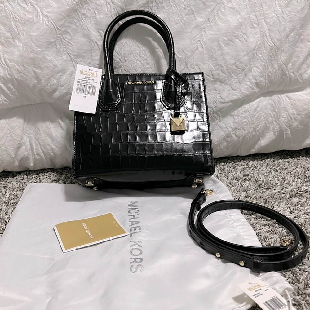 Michael kors croco black leather satchel handbag crossbody bag Brand New